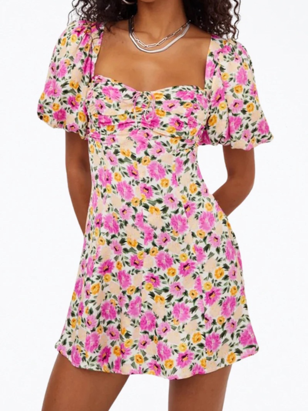 For Love & Lemons Pink and Yellow Floral Puff-Sleeve Mini Dress